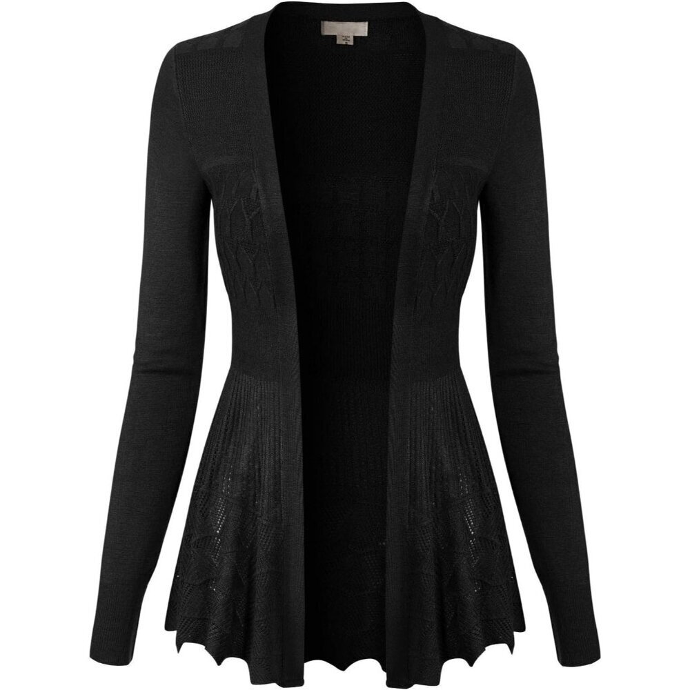 Women's Long Sleeve Crochet Knit Draped Open Cardigan Large Black - Picture 4 of 7